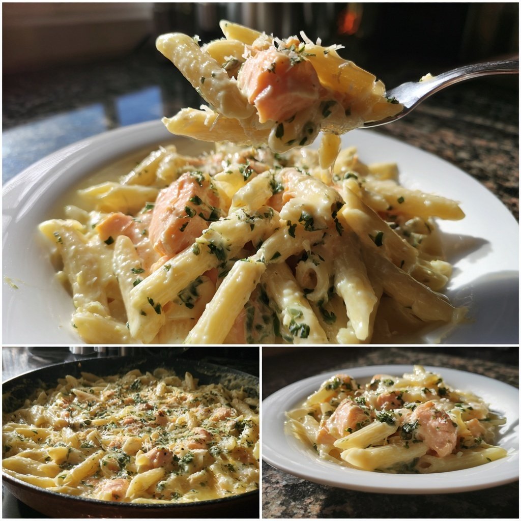 Creamy Garlic Salmon Pasta Bake