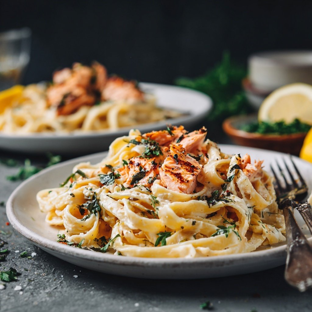 Baked Lemon Miso Salmon Pasta